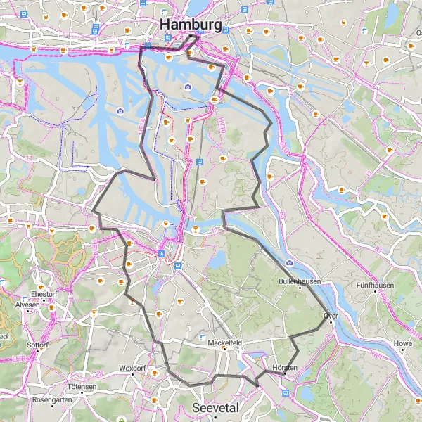 Map miniature of "HafenCity and Nature" cycling inspiration in Hamburg, Germany. Generated by Tarmacs.app cycling route planner