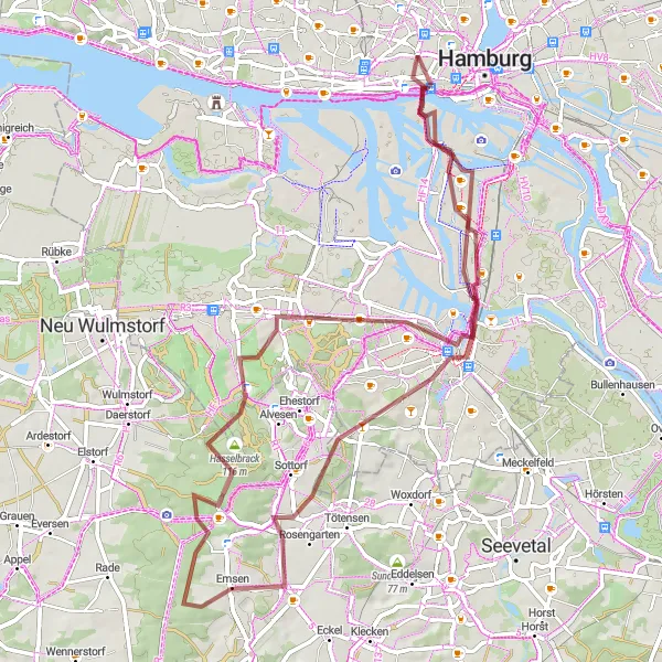 Map miniature of "Gravel Adventure through Hamburg" cycling inspiration in Hamburg, Germany. Generated by Tarmacs.app cycling route planner