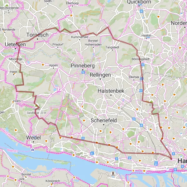 Karten-Miniaturansicht der Radinspiration "Graveltour nach Tornesch und Bönningstedt" in Hamburg, Germany. Erstellt vom Tarmacs.app-Routenplaner für Radtouren