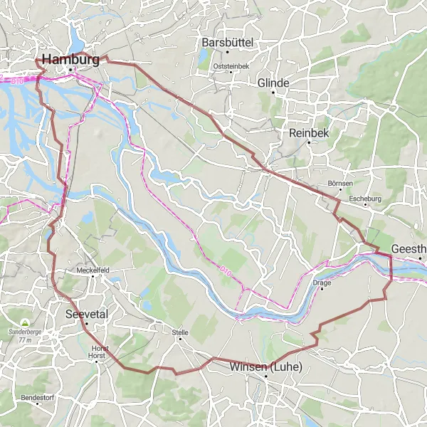 Map miniature of "The Gravel Expedition" cycling inspiration in Hamburg, Germany. Generated by Tarmacs.app cycling route planner