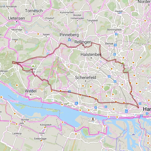 Map miniature of "The Gravel Adventure" cycling inspiration in Hamburg, Germany. Generated by Tarmacs.app cycling route planner