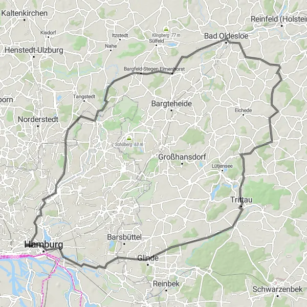 Karten-Miniaturansicht der Radinspiration "Roadtrip nach Bad Oldesloe und Trittau" in Hamburg, Germany. Erstellt vom Tarmacs.app-Routenplaner für Radtouren