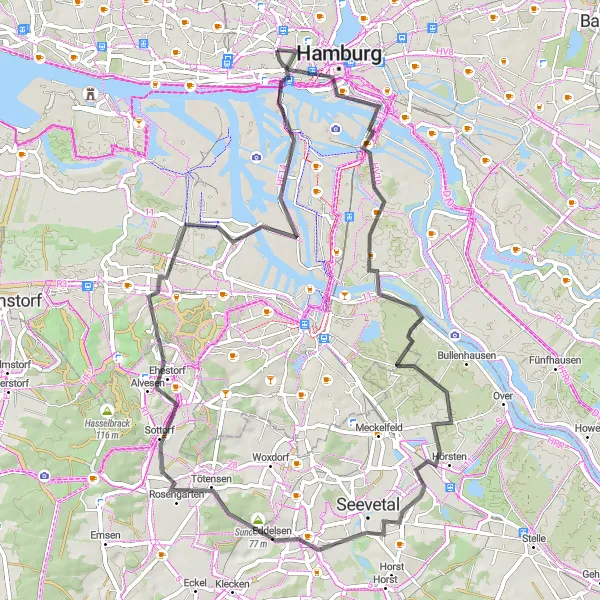 Map miniature of "The Scenic Road Ride" cycling inspiration in Hamburg, Germany. Generated by Tarmacs.app cycling route planner