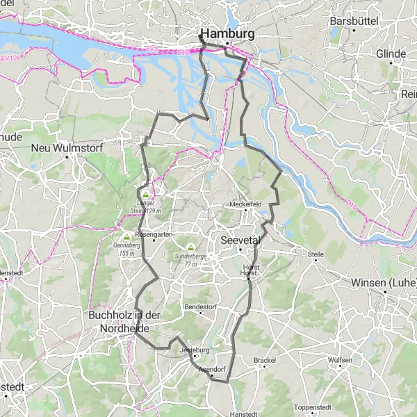 Map miniature of "The Journey Through Nature" cycling inspiration in Hamburg, Germany. Generated by Tarmacs.app cycling route planner