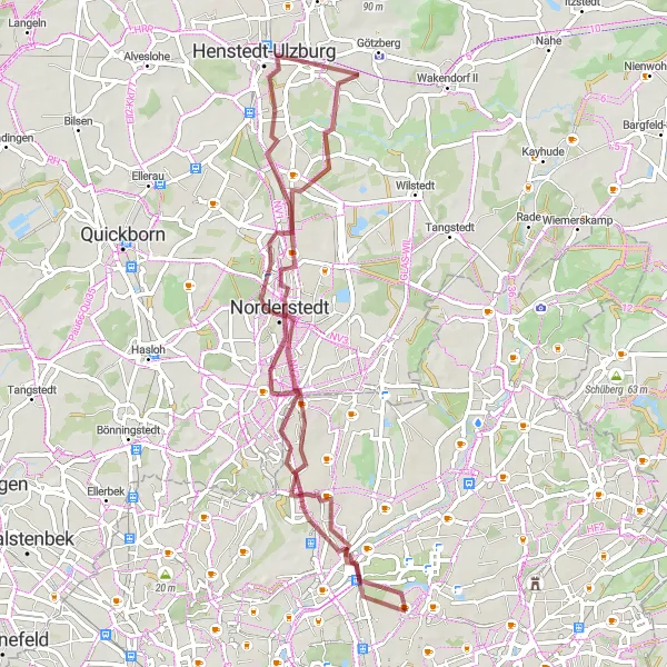 Map miniature of "Henstedt and Norderstedt Gravel Explorer" cycling inspiration in Hamburg, Germany. Generated by Tarmacs.app cycling route planner