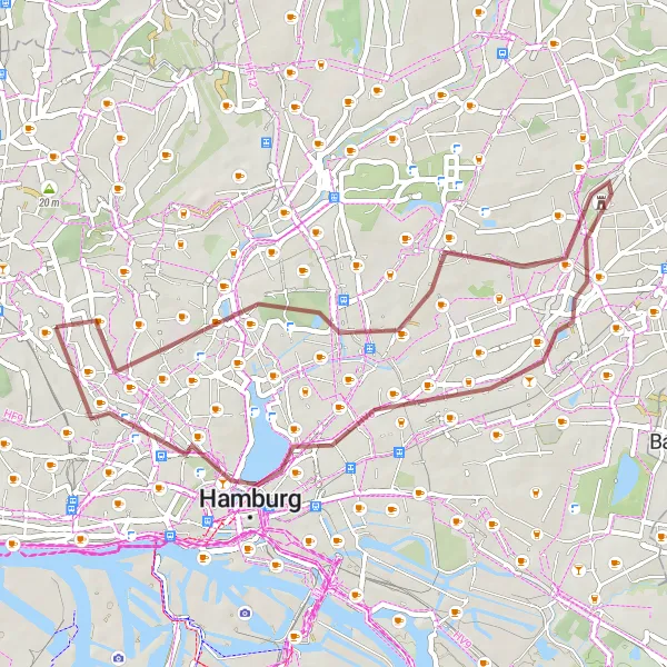 Map miniature of "Hamburg Highlights Gravel Loop" cycling inspiration in Hamburg, Germany. Generated by Tarmacs.app cycling route planner