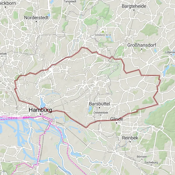 Map miniature of "The Hidden Gravel Gem" cycling inspiration in Hamburg, Germany. Generated by Tarmacs.app cycling route planner