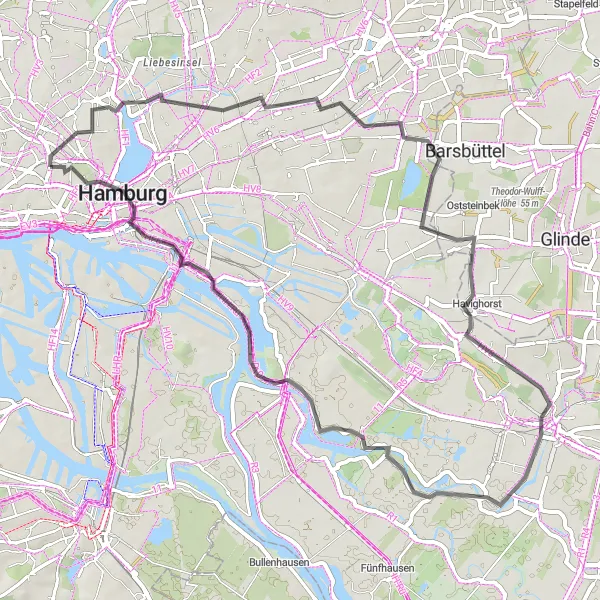 Map miniature of "Jenfeld and Heinrich-Hertz-Turm Loop" cycling inspiration in Hamburg, Germany. Generated by Tarmacs.app cycling route planner
