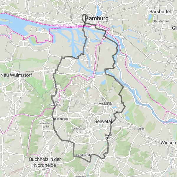 Map miniature of "Vierländerin-Brunnen and Alvesen Road Circuit" cycling inspiration in Hamburg, Germany. Generated by Tarmacs.app cycling route planner