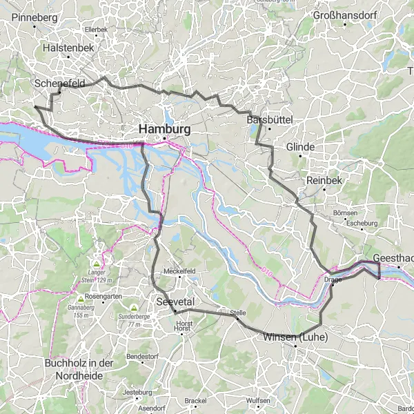 Map miniature of "Sülldorf to Winsen (Luhe) Loop" cycling inspiration in Hamburg, Germany. Generated by Tarmacs.app cycling route planner