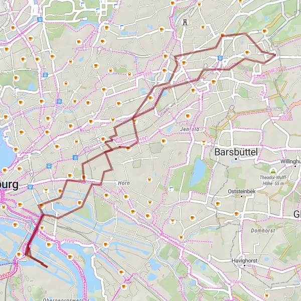 Map miniature of "The Rothenburgsort and Rahlstedt Gravel Adventure" cycling inspiration in Hamburg, Germany. Generated by Tarmacs.app cycling route planner