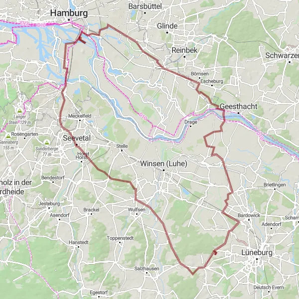Map miniature of "Börnsen Gravel Adventure" cycling inspiration in Hamburg, Germany. Generated by Tarmacs.app cycling route planner