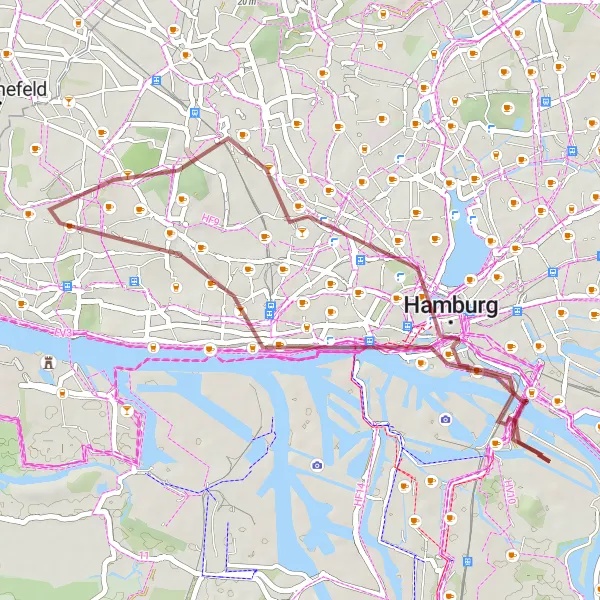 Map miniature of "The Speicherstadt Gravel Experience" cycling inspiration in Hamburg, Germany. Generated by Tarmacs.app cycling route planner