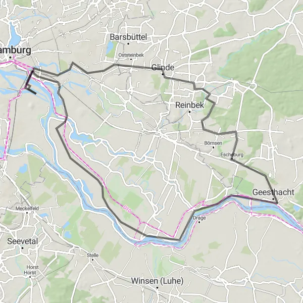 Map miniature of "Exploring Glinde and Drennhausen on the Road" cycling inspiration in Hamburg, Germany. Generated by Tarmacs.app cycling route planner