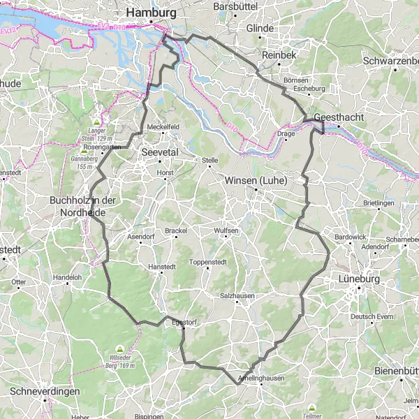 Map miniature of "The Hamburg Highlands" cycling inspiration in Hamburg, Germany. Generated by Tarmacs.app cycling route planner
