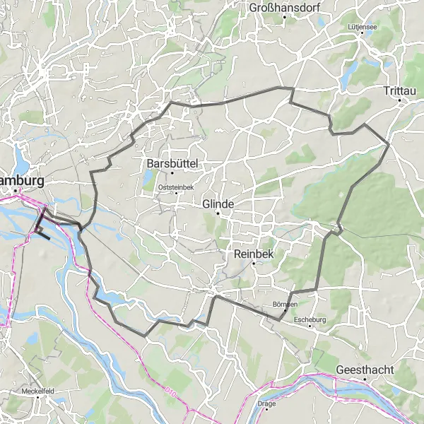 Map miniature of "Discovering Marienthal and Börnsen by Road" cycling inspiration in Hamburg, Germany. Generated by Tarmacs.app cycling route planner