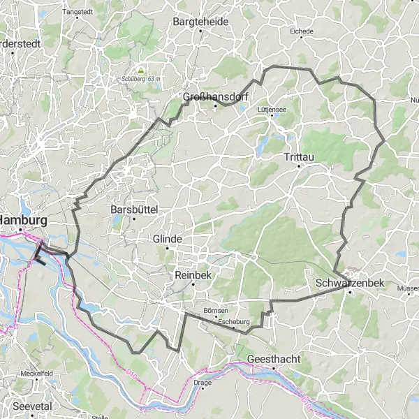 Karten-Miniaturansicht der Radinspiration "Panorama-Rundweg ab Veddel" in Hamburg, Germany. Erstellt vom Tarmacs.app-Routenplaner für Radtouren