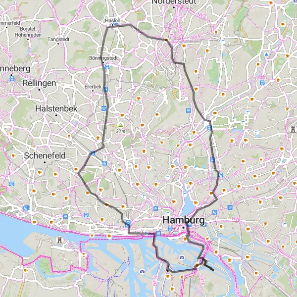 Map miniature of "The Road Explorer" cycling inspiration in Hamburg, Germany. Generated by Tarmacs.app cycling route planner