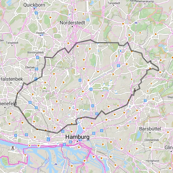 Karten-Miniaturansicht der Radinspiration "Hamburger Straßenabenteuer" in Hamburg, Germany. Erstellt vom Tarmacs.app-Routenplaner für Radtouren