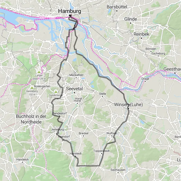 Map miniature of "The Road Cycling Challenge" cycling inspiration in Hamburg, Germany. Generated by Tarmacs.app cycling route planner