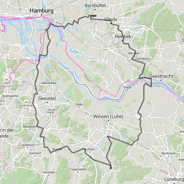 Map miniature of "Reinbek and Beyond" cycling inspiration in Hamburg, Germany. Generated by Tarmacs.app cycling route planner