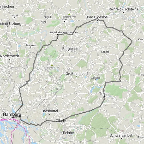 Map miniature of "Exploring the East" cycling inspiration in Hamburg, Germany. Generated by Tarmacs.app cycling route planner