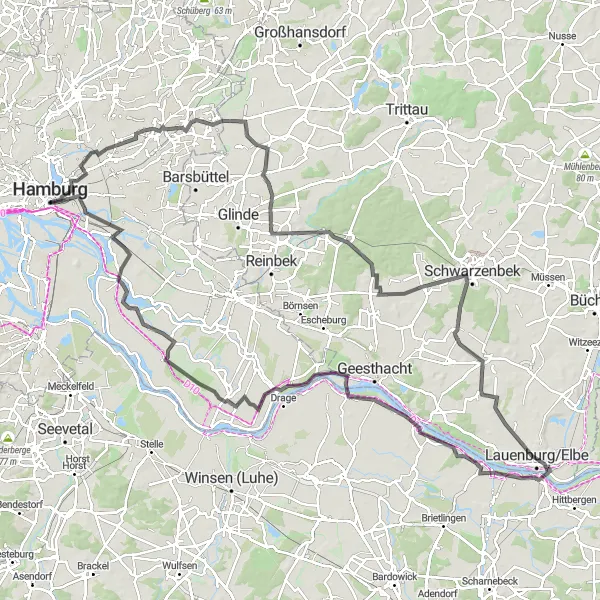 Karten-Miniaturansicht der Radinspiration "Hamburg und die Elbe entlang" in Hamburg, Germany. Erstellt vom Tarmacs.app-Routenplaner für Radtouren