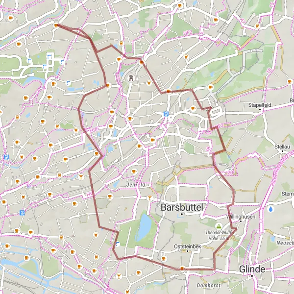 Map miniature of "Wellingsbüttel to Farmsen-Berne Gravel Tour" cycling inspiration in Hamburg, Germany. Generated by Tarmacs.app cycling route planner