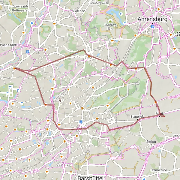 Karten-Miniaturansicht der Radinspiration "Kurze Gravel-Tour durch Mellenberg und Braak" in Hamburg, Germany. Erstellt vom Tarmacs.app-Routenplaner für Radtouren