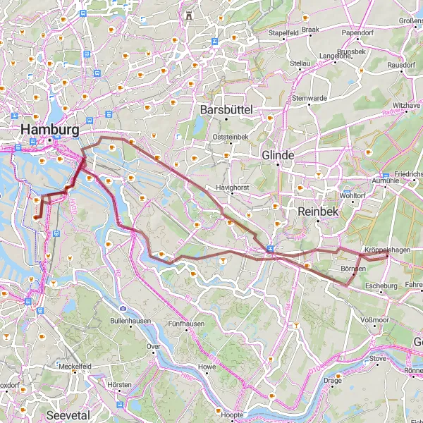 Map miniature of "Gravel Adventure - Hammerbrook to Veddel" cycling inspiration in Hamburg, Germany. Generated by Tarmacs.app cycling route planner
