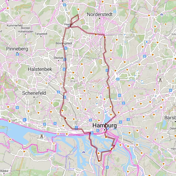 Map miniature of "Through Hamburg's Nature and Urban Landscape" cycling inspiration in Hamburg, Germany. Generated by Tarmacs.app cycling route planner