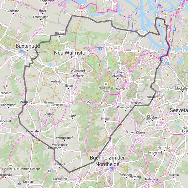 Map miniature of "Wilhelmsburg - Moorburg Loop" cycling inspiration in Hamburg, Germany. Generated by Tarmacs.app cycling route planner