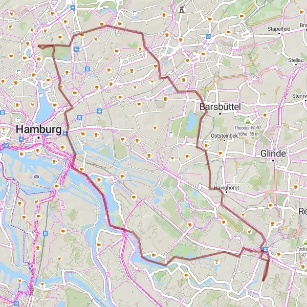 Karten-Miniaturansicht der Radinspiration "Faszinierende Gravel-Tour durch Hamburg und Umgebung" in Hamburg, Germany. Erstellt vom Tarmacs.app-Routenplaner für Radtouren