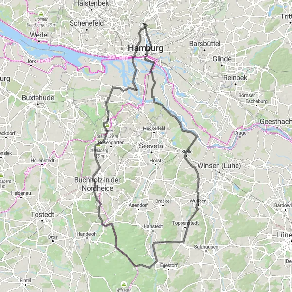 Map miniature of "The Hamburg Adventure" cycling inspiration in Hamburg, Germany. Generated by Tarmacs.app cycling route planner