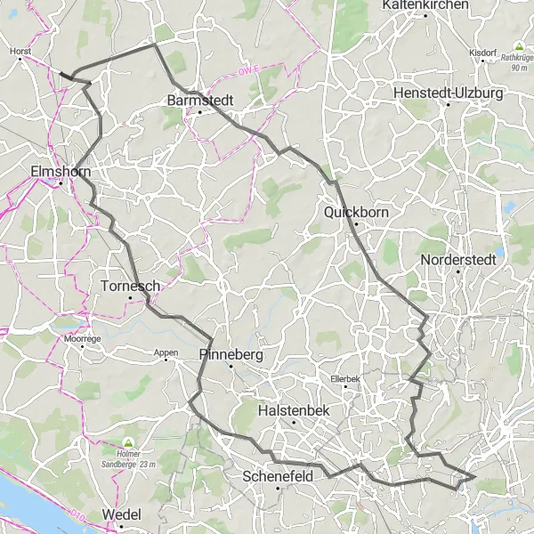 Map miniature of "The Undiscovered Suburbs" cycling inspiration in Hamburg, Germany. Generated by Tarmacs.app cycling route planner