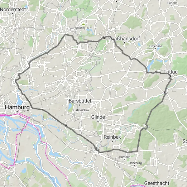 Karten-Miniaturansicht der Radinspiration "Alsterdorf nach Bergedorf Rundtour" in Hamburg, Germany. Erstellt vom Tarmacs.app-Routenplaner für Radtouren