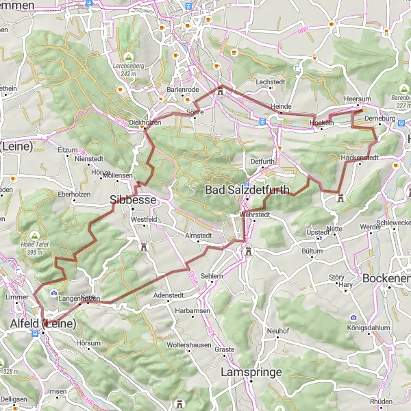 Map miniature of "Sibbesse and Östrum Gravel Circuit" cycling inspiration in Hannover, Germany. Generated by Tarmacs.app cycling route planner