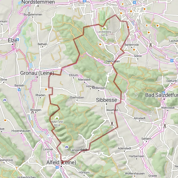 Karten-Miniaturansicht der Radinspiration "Alfeld - Barfelde - Alfeld" in Hannover, Germany. Erstellt vom Tarmacs.app-Routenplaner für Radtouren