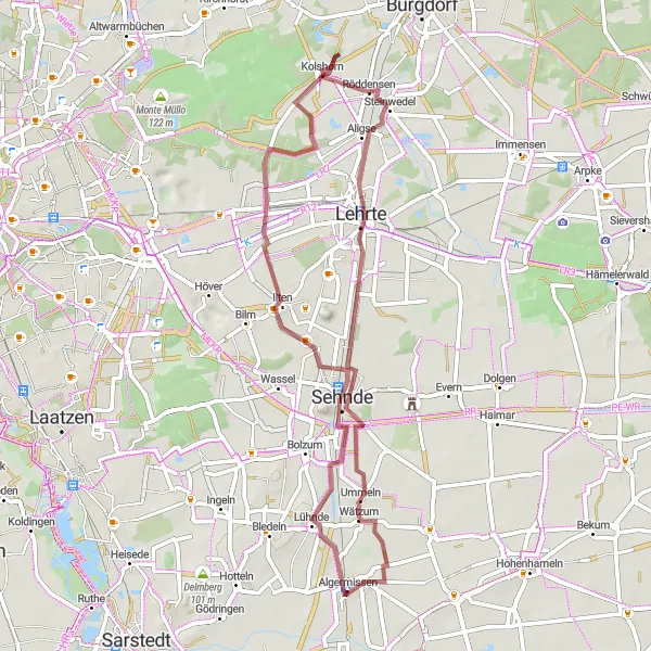 Map miniature of "Gravel Adventure: From Algermissen to Wätzumer Tonkuhle" cycling inspiration in Hannover, Germany. Generated by Tarmacs.app cycling route planner