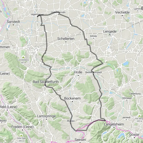 Map miniature of "Algermissen to Borsum Road Challenge" cycling inspiration in Hannover, Germany. Generated by Tarmacs.app cycling route planner