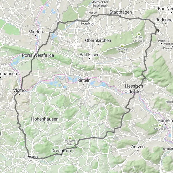 Map miniature of "Apelern to Porta Westfalica Circular Route" cycling inspiration in Hannover, Germany. Generated by Tarmacs.app cycling route planner