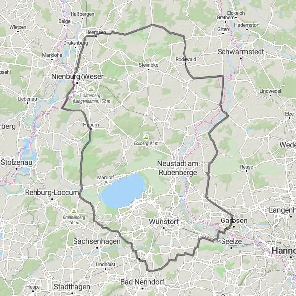 Karten-Miniaturansicht der Radinspiration "Ausgedehnte Tour über Mühlenberg, Rodewald und Meyenfeld (Straße)" in Hannover, Germany. Erstellt vom Tarmacs.app-Routenplaner für Radtouren