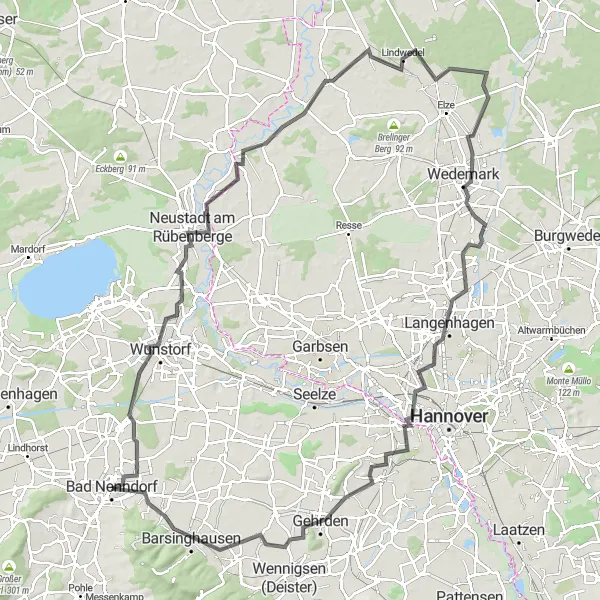 Map miniature of "Experiencing Hannover's Surrounding Villages" cycling inspiration in Hannover, Germany. Generated by Tarmacs.app cycling route planner
