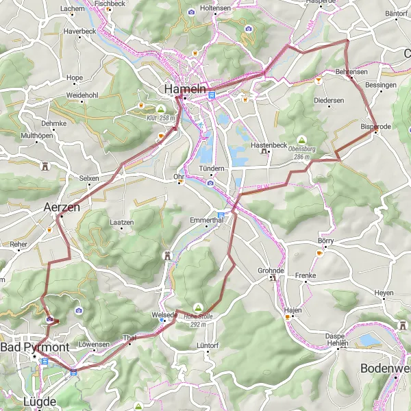 Map miniature of "Exploring the Hills of Bad Pyrmont (Gravel Route)" cycling inspiration in Hannover, Germany. Generated by Tarmacs.app cycling route planner
