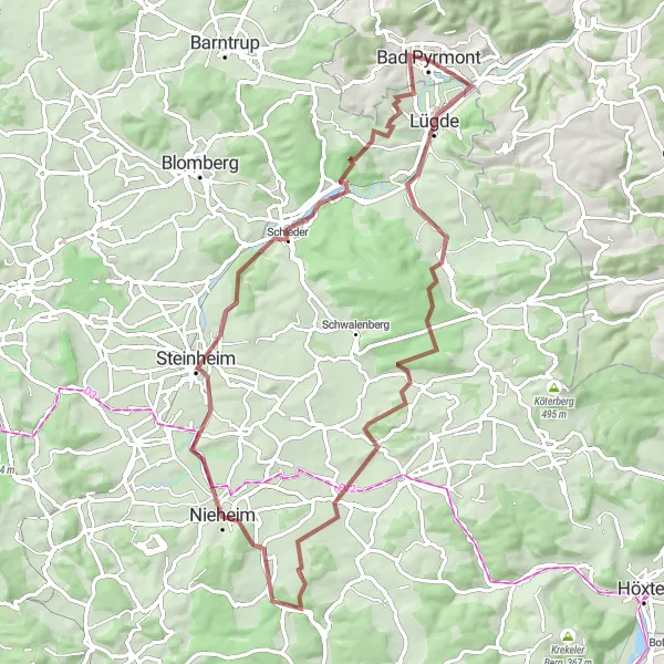 Map miniature of "Valleys and Forests of Bad Pyrmont (Gravel Route)" cycling inspiration in Hannover, Germany. Generated by Tarmacs.app cycling route planner