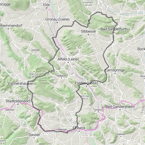 Map miniature of "Extensive Loop Around Bad Salzdetfurth - Road Cycling Route" cycling inspiration in Hannover, Germany. Generated by Tarmacs.app cycling route planner