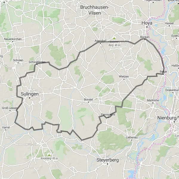 Map miniature of "Exploring the Countryside near Balge" cycling inspiration in Hannover, Germany. Generated by Tarmacs.app cycling route planner
