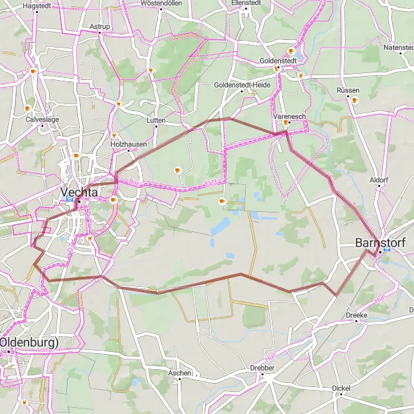 Map miniature of "Scenic Gravel Ride to Vechta" cycling inspiration in Hannover, Germany. Generated by Tarmacs.app cycling route planner
