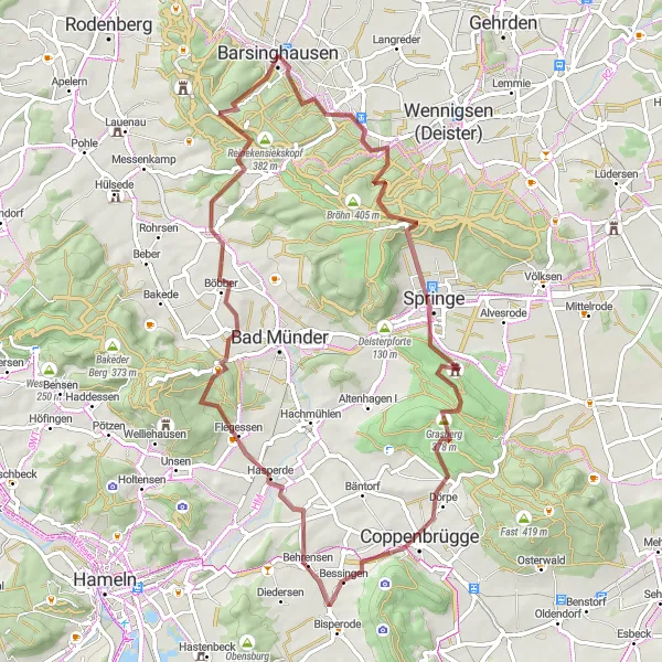 Map miniature of "Gravel Adventure in Deister Hills" cycling inspiration in Hannover, Germany. Generated by Tarmacs.app cycling route planner