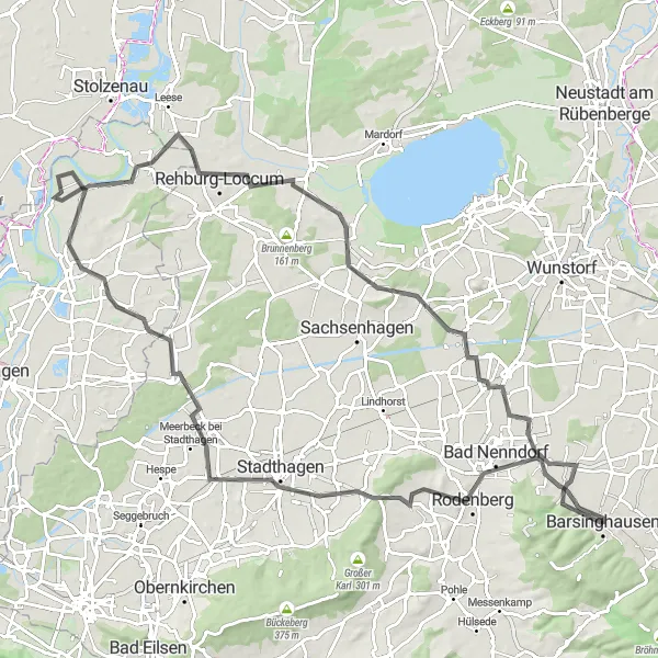 Map miniature of "Rural Barsinghausen Loop" cycling inspiration in Hannover, Germany. Generated by Tarmacs.app cycling route planner